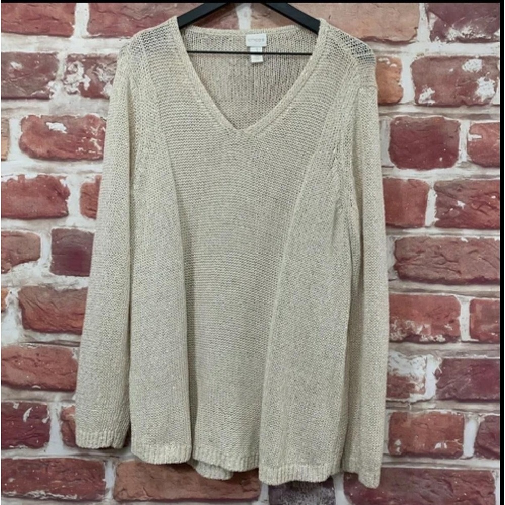 Chicos Sweater Women's XL 3 Cream Sequin Knit V Neck Long Sleeve Pullover